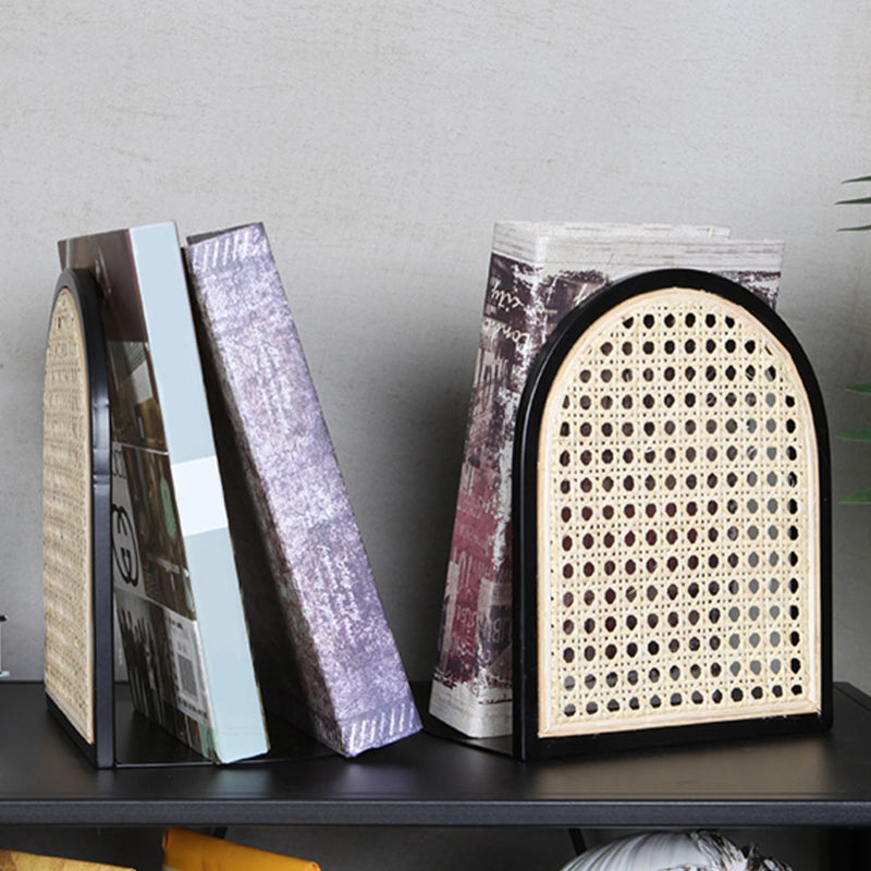 Traditional Vintage Half-Round Iron Bookshelf: Natural Indonesian Rattan & Handwoven - Desk Storage Shelf For Study & Bedroom Cuvalon