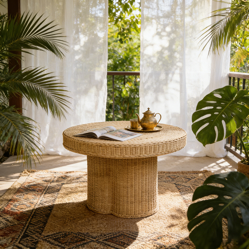 Contemporary Scandinavian Round Coffee Table: Natural Indonesian Rattan & Handwoven - Wood Color Tea Table For Living Room Cuvalon