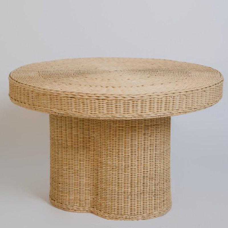 Contemporary Scandinavian Round Coffee Table: Natural Indonesian Rattan & Handwoven - Wood Color Tea Table For Living Room Cuvalon