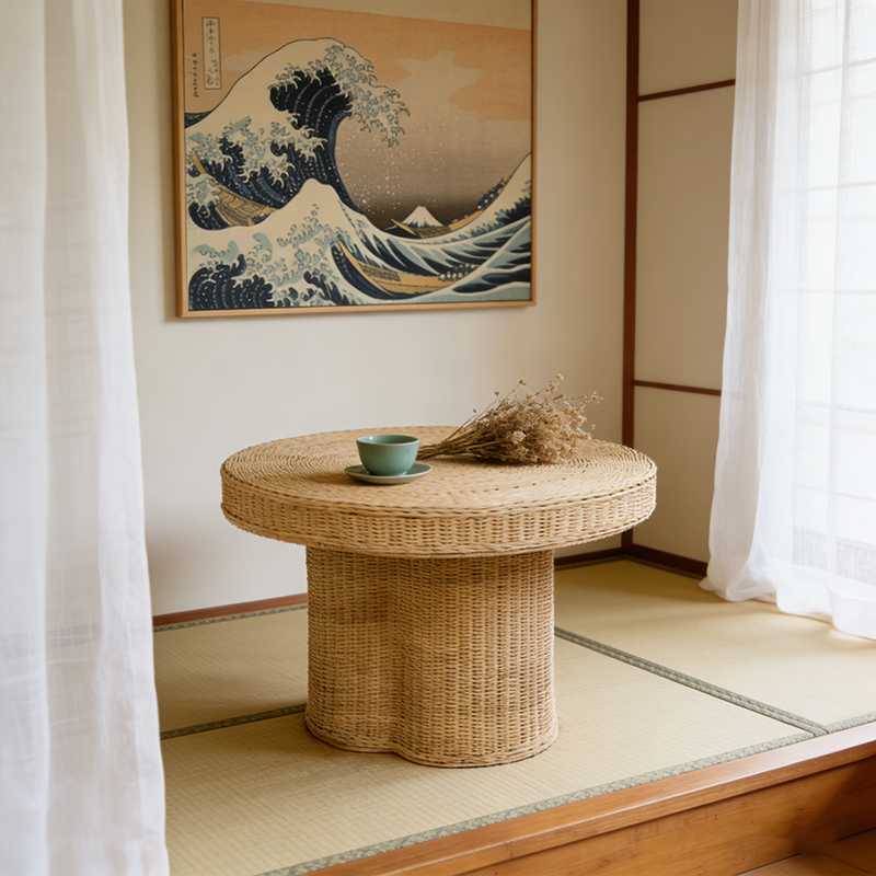 Contemporary Scandinavian Round Coffee Table: Natural Indonesian Rattan & Handwoven - Wood Color Tea Table For Living Room Cuvalon