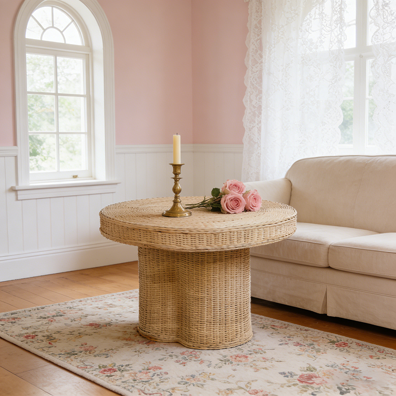 Contemporary Scandinavian Round Coffee Table: Natural Indonesian Rattan & Handwoven - Wood Color Tea Table For Living Room Cuvalon