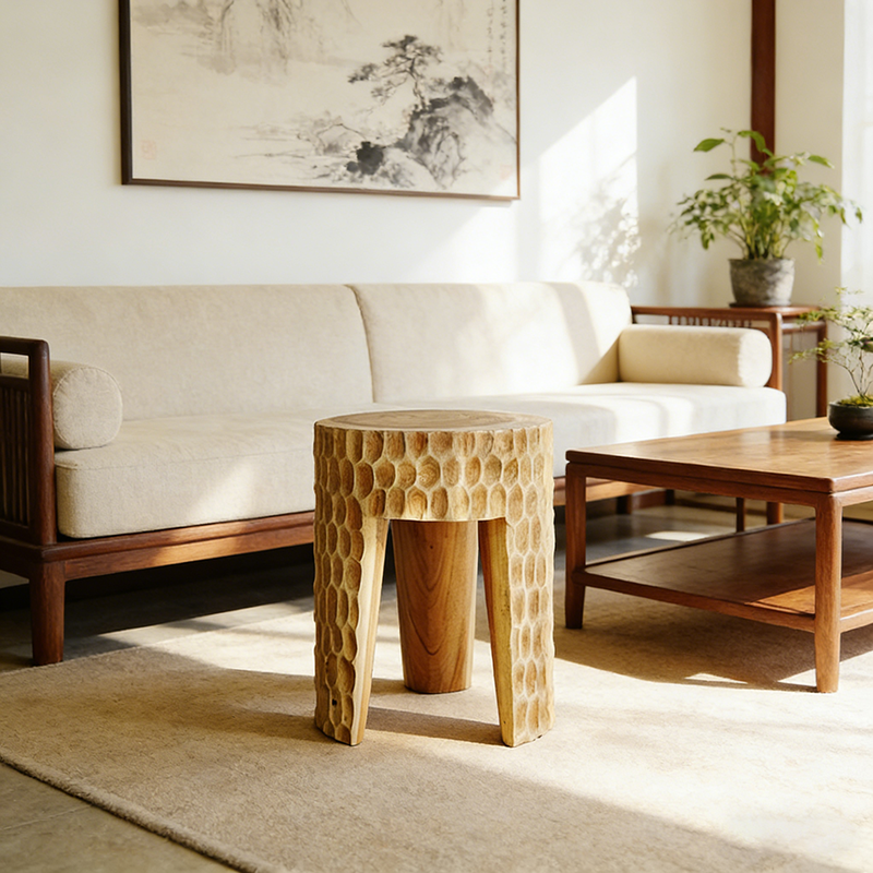 Modern Art Deco Round Side Table: Honeycomb Carving - Solid Wood End Table For Living Room Cuvalon