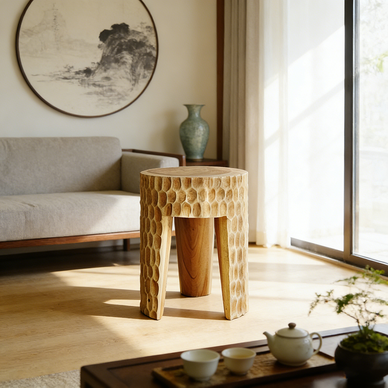 Modern Art Deco Round Side Table: Honeycomb Carving - Solid Wood End Table For Living Room Cuvalon