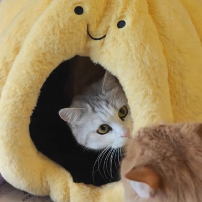 Contemporary Creative Round Velvet Fabric PP Cotton Semi-Enclosed Cat Bed For Bedroom Cuvalon