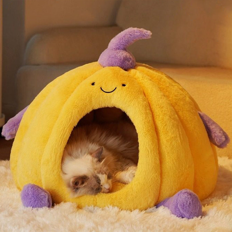 Contemporary Creative Round Velvet Fabric PP Cotton Semi-Enclosed Cat Bed For Bedroom Cuvalon