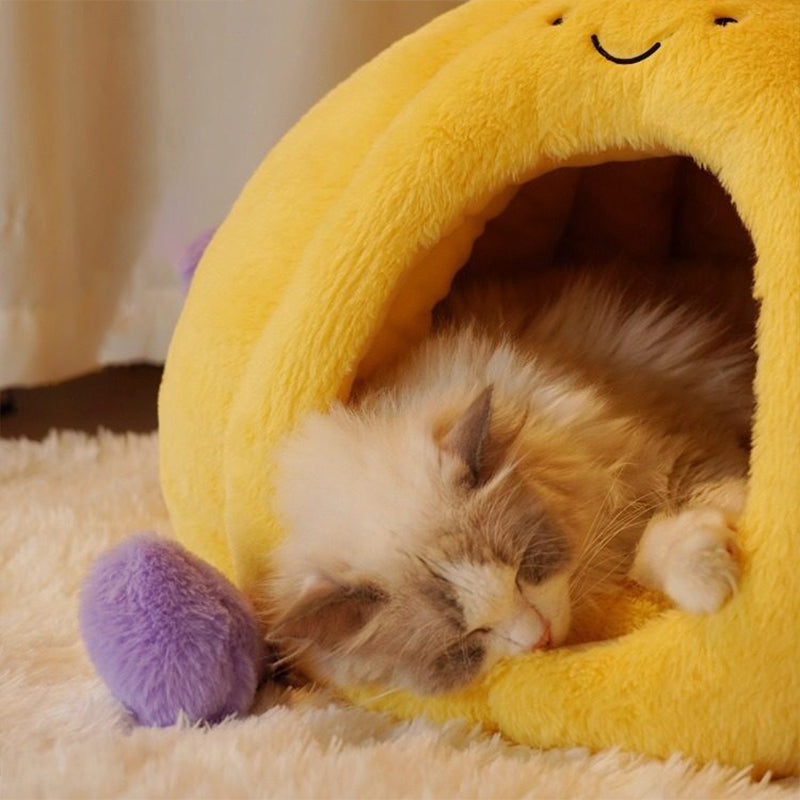 Contemporary Creative Round Velvet Fabric PP Cotton Semi-Enclosed Cat Bed For Bedroom Cuvalon