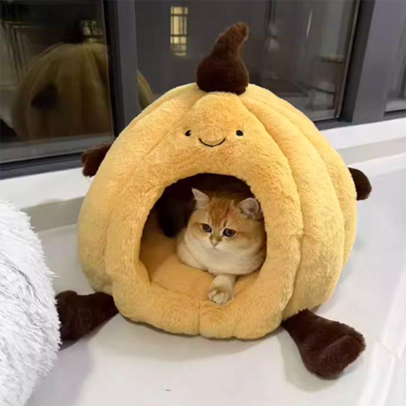 Contemporary Creative Round Velvet Fabric PP Cotton Semi-Enclosed Cat Bed For Bedroom Cuvalon