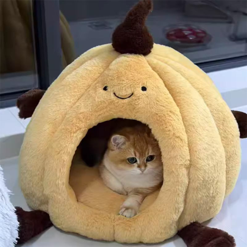 Contemporary Creative Round Velvet Fabric PP Cotton Semi-Enclosed Cat Bed For Bedroom Cuvalon