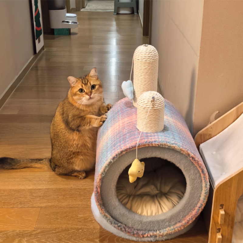 Contemporary Creative Round Particleboard Velvet Fabric Paper Rope Paper Tube Cat Bed For Bedroom Cuvalon