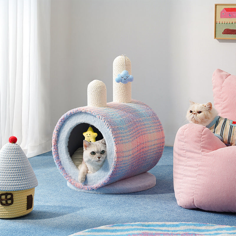 Contemporary Creative Round Particleboard Velvet Fabric Paper Rope Paper Tube Cat Bed For Bedroom Cuvalon