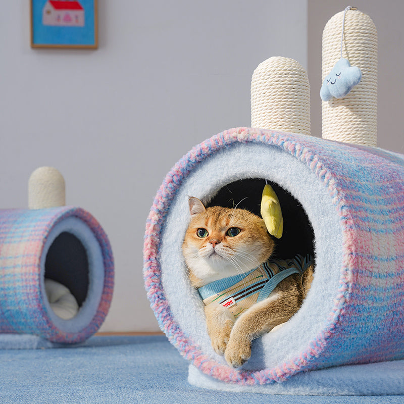 Contemporary Creative Round Particleboard Velvet Fabric Paper Rope Paper Tube Cat Bed For Bedroom Cuvalon