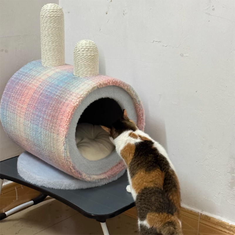 Contemporary Creative Round Particleboard Velvet Fabric Paper Rope Paper Tube Cat Bed For Bedroom Cuvalon