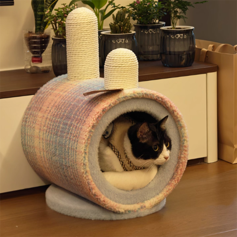Contemporary Creative Round Particleboard Velvet Fabric Paper Rope Paper Tube Cat Bed For Bedroom Cuvalon