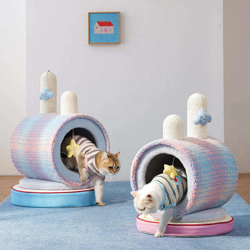 Contemporary Creative Round Particleboard Velvet Fabric Paper Rope Paper Tube Cat Bed For Bedroom Cuvalon