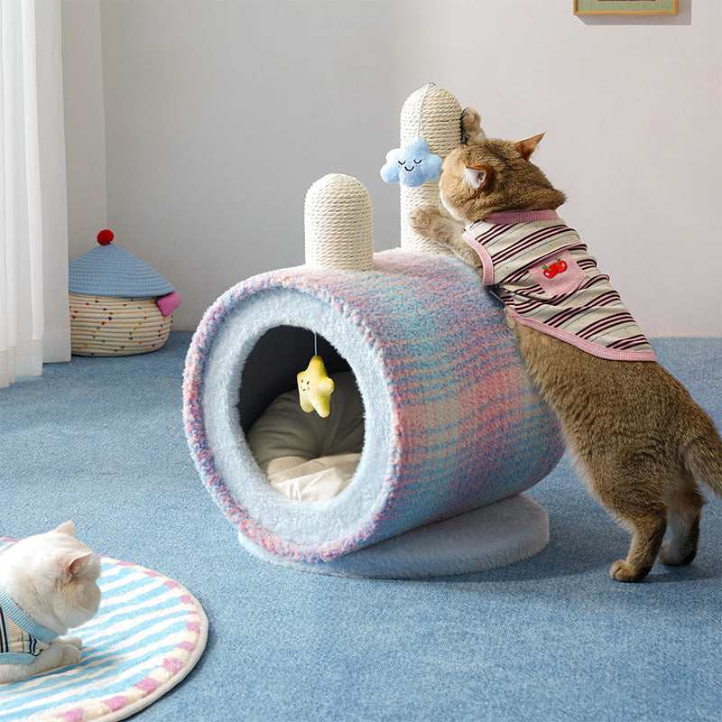 Contemporary Creative Round Particleboard Velvet Fabric Paper Rope Paper Tube Cat Bed For Bedroom Cuvalon