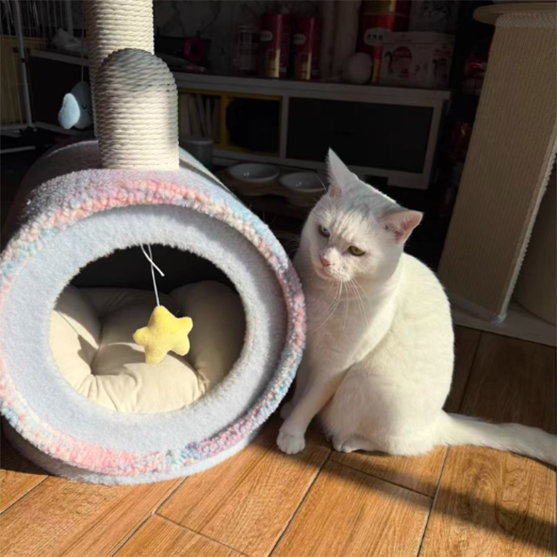 Contemporary Creative Round Particleboard Velvet Fabric Paper Rope Paper Tube Cat Bed For Bedroom Cuvalon