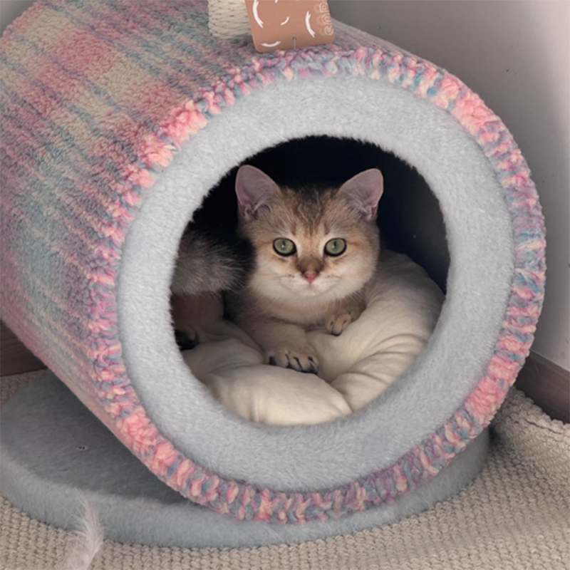 Contemporary Creative Round Particleboard Velvet Fabric Paper Rope Paper Tube Cat Bed For Bedroom Cuvalon