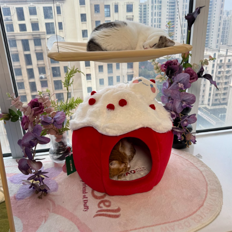 Contemporary Creative Round Velvet Fabric Sponge Semi-Enclosed Cat Bed For Bedroom Cuvalon