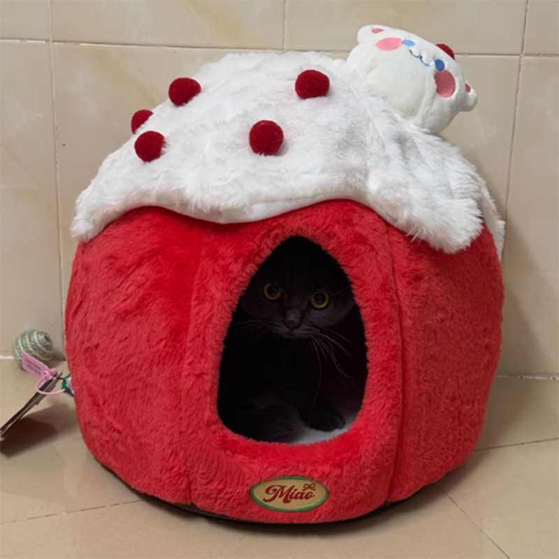 Contemporary Creative Round Velvet Fabric Sponge Semi-Enclosed Cat Bed For Bedroom Cuvalon