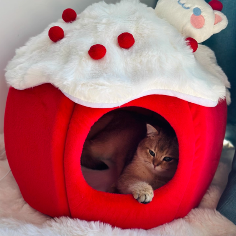Contemporary Creative Round Velvet Fabric Sponge Semi-Enclosed Cat Bed For Bedroom Cuvalon