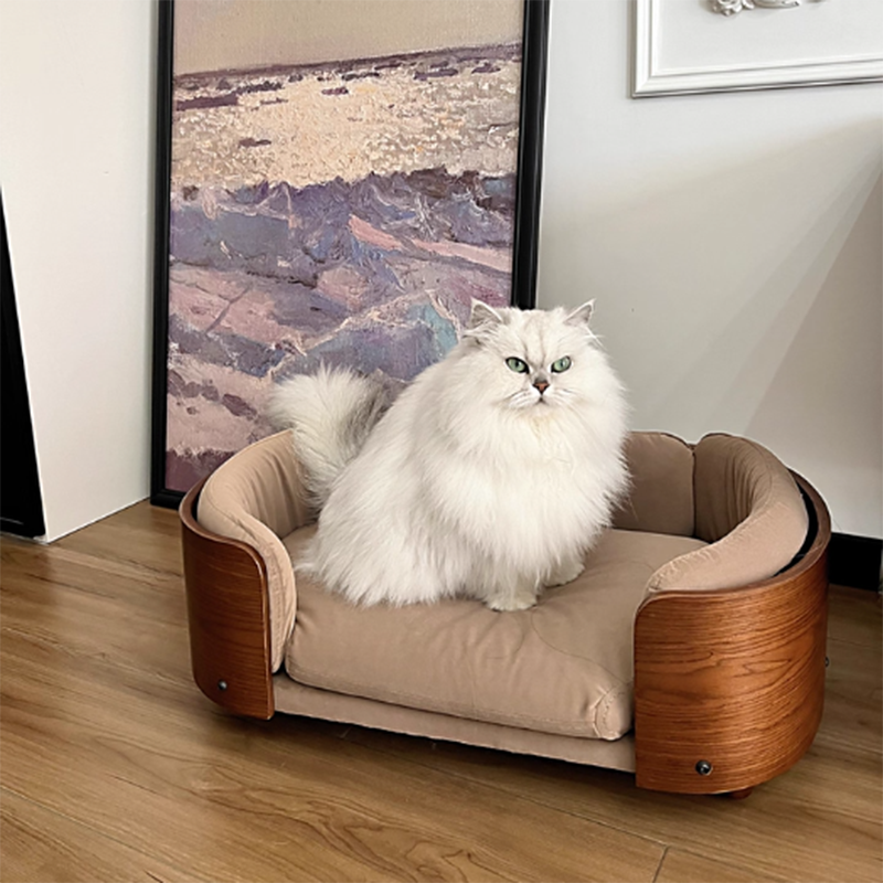 Traditional Vintage Oval Rubberwood Multi-Layer Solid Wood Panel Velvet Fabric Cat Bed For Bedroom Cuvalon