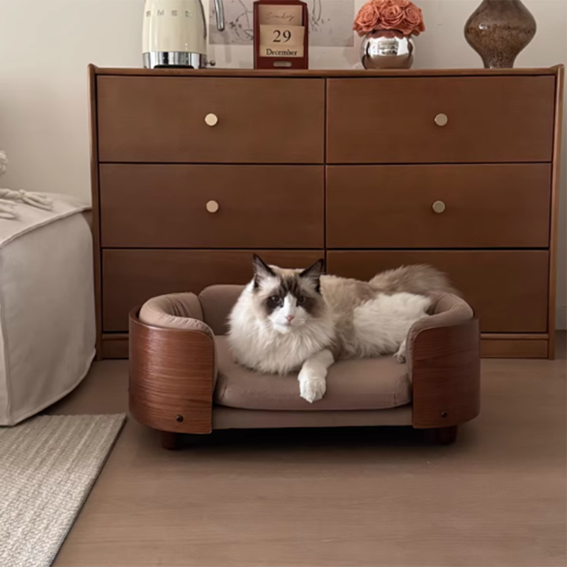 Traditional Vintage Oval Rubberwood Multi-Layer Solid Wood Panel Velvet Fabric Cat Bed For Bedroom Cuvalon