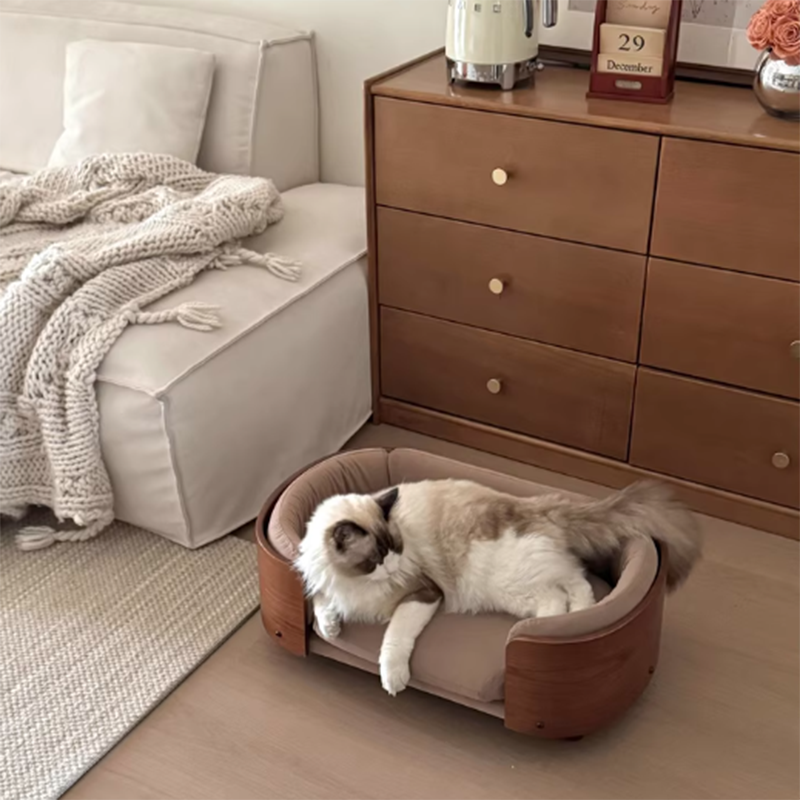 Traditional Vintage Oval Rubberwood Multi-Layer Solid Wood Panel Velvet Fabric Cat Bed For Bedroom Cuvalon