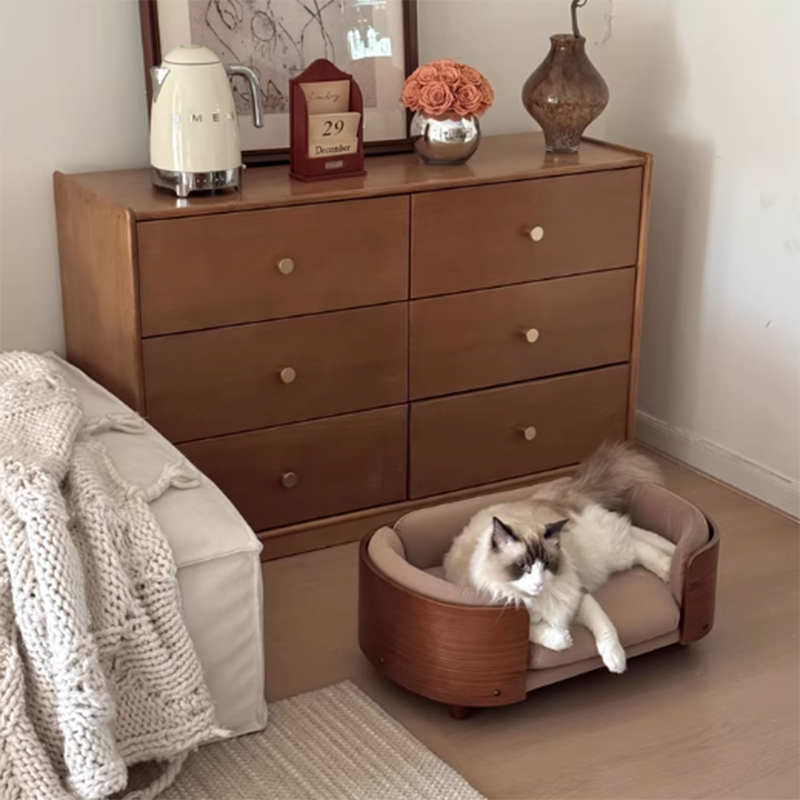 Traditional Vintage Oval Rubberwood Multi-Layer Solid Wood Panel Velvet Fabric Cat Bed For Bedroom Cuvalon