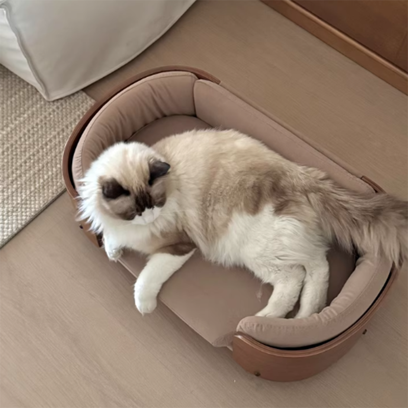 Traditional Vintage Oval Rubberwood Multi-Layer Solid Wood Panel Velvet Fabric Cat Bed For Bedroom Cuvalon