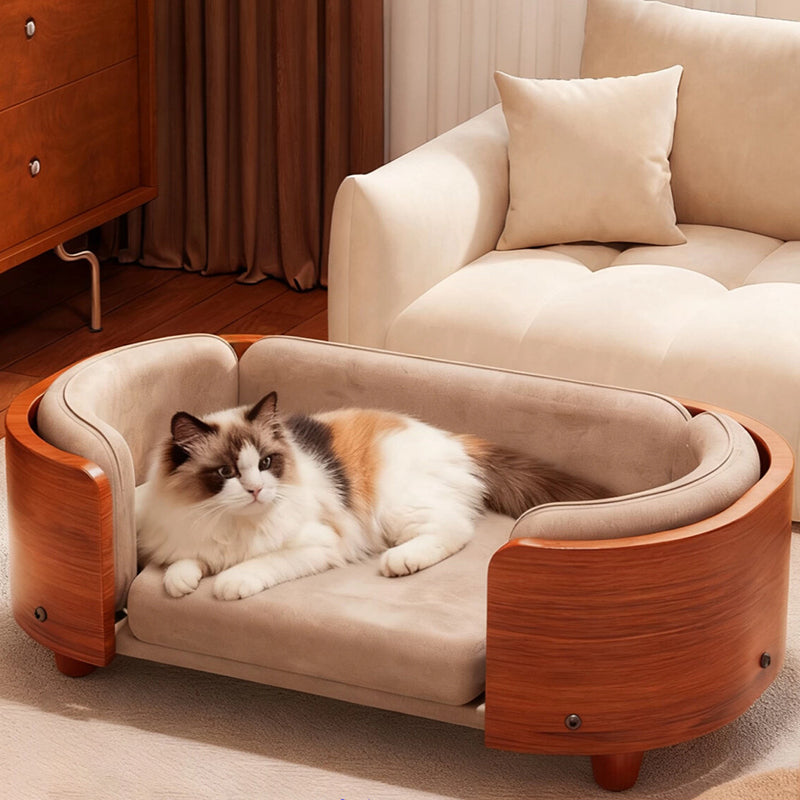Traditional Vintage Oval Rubberwood Multi-Layer Solid Wood Panel Velvet Fabric Cat Bed For Bedroom Cuvalon