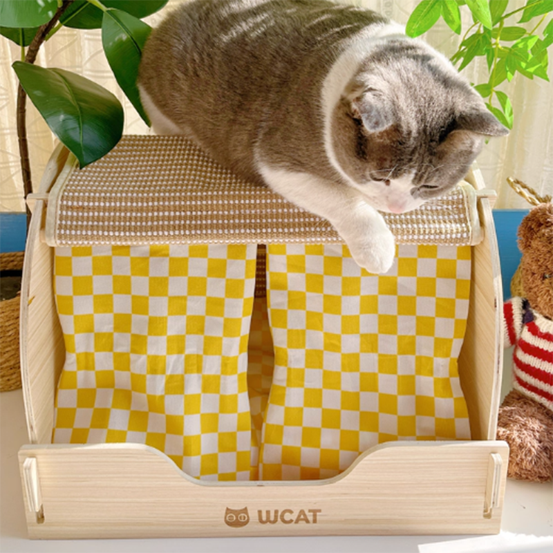 Contemporary Creative Rectangular Multi-Layer Solid Wood Panel Velvet Fabric Oxford Fabric Sisal Cat Scratcher Cat Bed For Bedroom Cuvalon