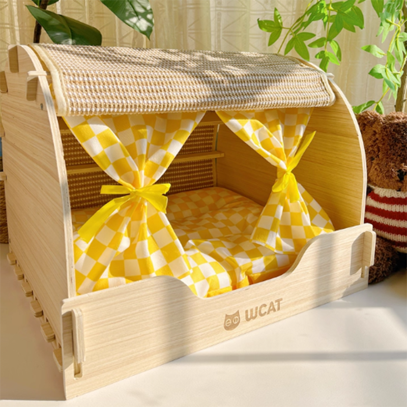 Contemporary Creative Rectangular Multi-Layer Solid Wood Panel Velvet Fabric Oxford Fabric Sisal Cat Scratcher Cat Bed For Bedroom Cuvalon