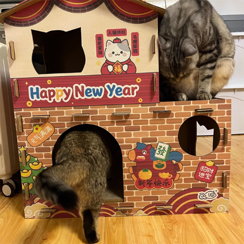 Contemporary Creative Rectangular Grade A Hardness Corrugated Cat Scratcher & Cat Bed 2-Tier For Living Room Cuvalon