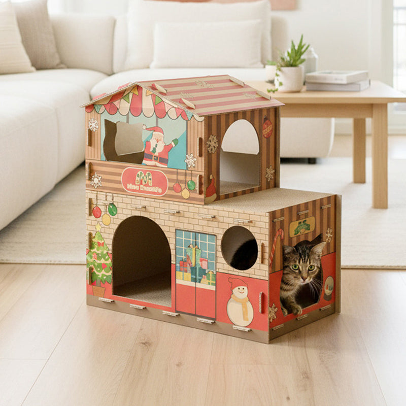 Contemporary Creative Rectangular Grade A Hardness Corrugated Cat Scratcher & Cat Bed 2-Tier For Living Room Cuvalon