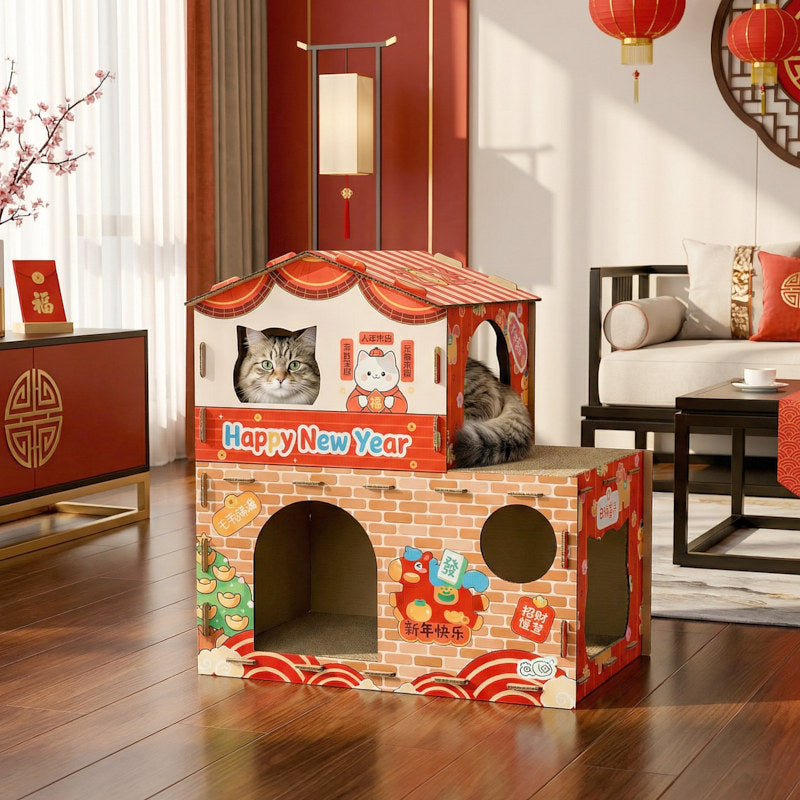 Contemporary Creative Rectangular Grade A Hardness Corrugated Cat Scratcher & Cat Bed 2-Tier For Living Room Cuvalon