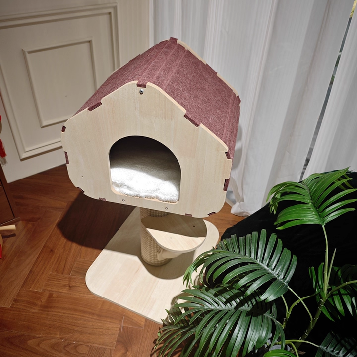 Contemporary Scandinavian Square Medium-Density Fiberboard Sisal Mat Felt Treehouse-Style Cat Tree 2-Tier For Living Room Cuvalon