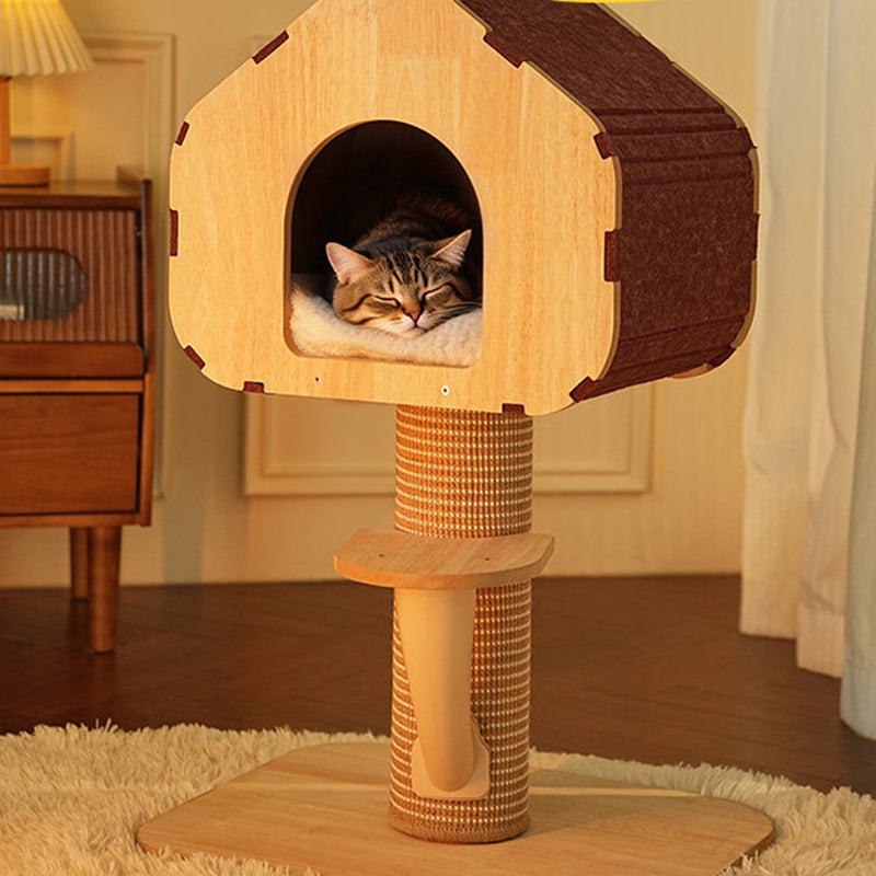 Contemporary Scandinavian Square Medium-Density Fiberboard Sisal Mat Felt Treehouse-Style Cat Tree 2-Tier For Living Room Cuvalon