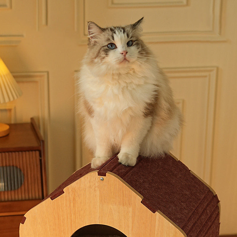 Contemporary Scandinavian Square Medium-Density Fiberboard Sisal Mat Felt Treehouse-Style Cat Tree 2-Tier For Living Room Cuvalon