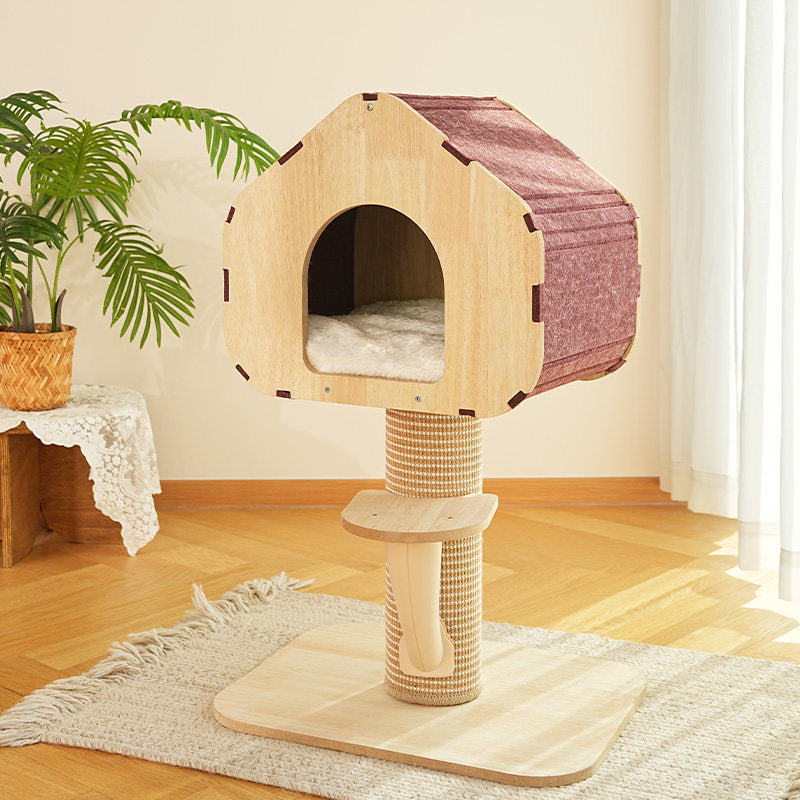 Contemporary Scandinavian Square Medium-Density Fiberboard Sisal Mat Felt Treehouse-Style Cat Tree 2-Tier For Living Room Cuvalon