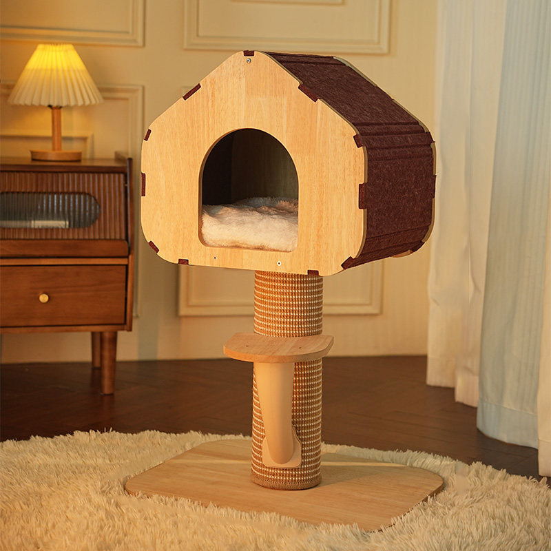 Contemporary Scandinavian Square Medium-Density Fiberboard Sisal Mat Felt Treehouse-Style Cat Tree 2-Tier For Living Room Cuvalon