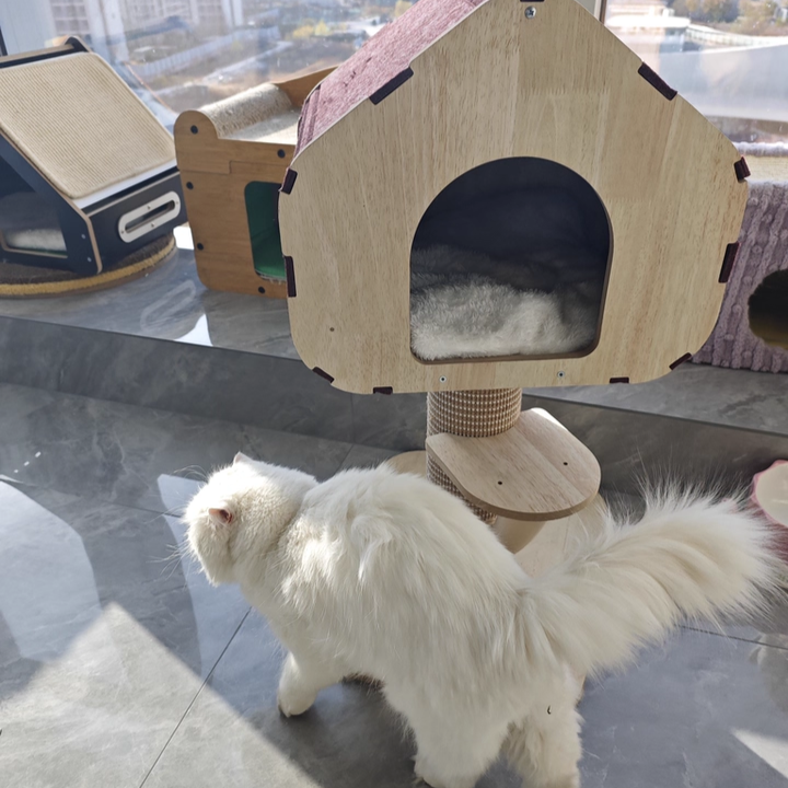 Contemporary Scandinavian Square Medium-Density Fiberboard Sisal Mat Felt Treehouse-Style Cat Tree 2-Tier For Living Room Cuvalon