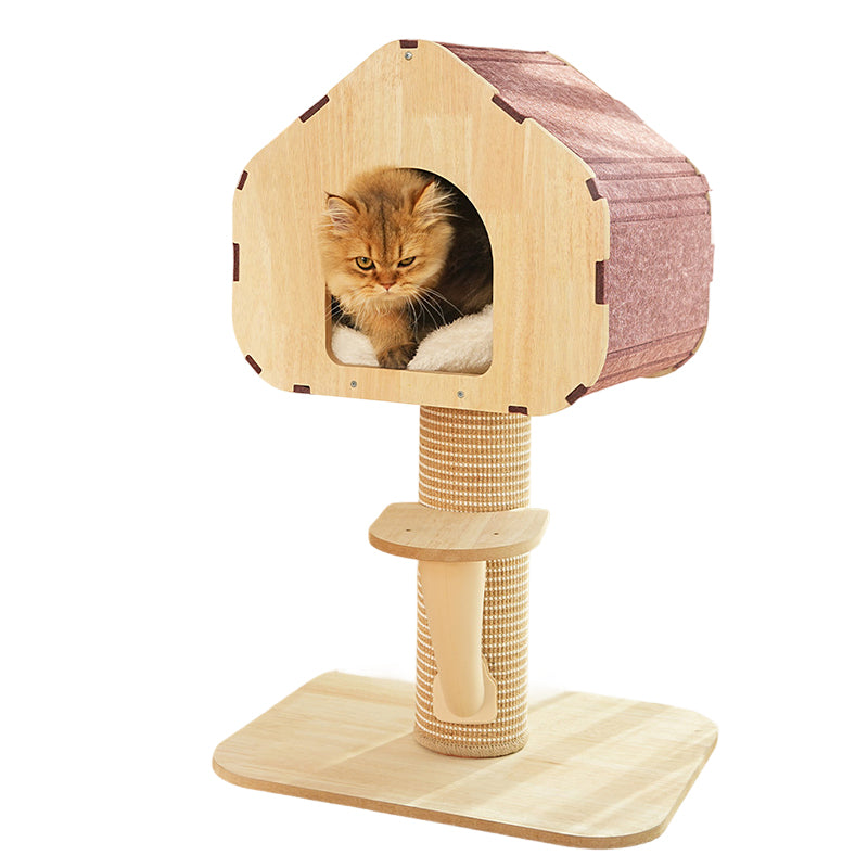 Contemporary Scandinavian Square Medium-Density Fiberboard Sisal Mat Felt Treehouse-Style Cat Tree 2-Tier For Living Room Cuvalon