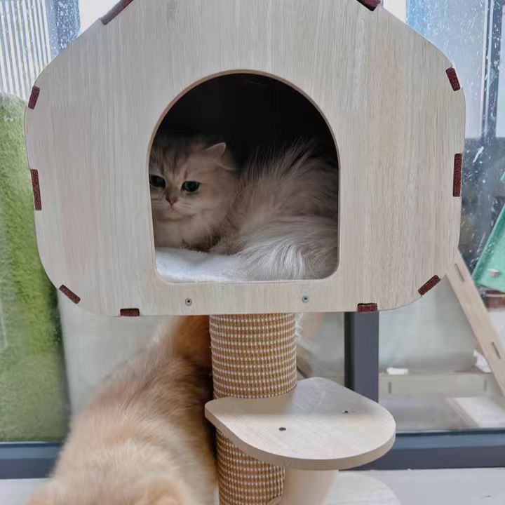 Contemporary Scandinavian Square Medium-Density Fiberboard Sisal Mat Felt Treehouse-Style Cat Tree 2-Tier For Living Room Cuvalon