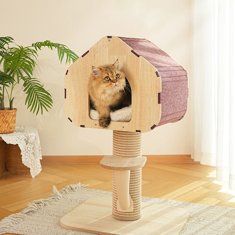 Contemporary Scandinavian Square Medium-Density Fiberboard Sisal Mat Felt Treehouse-Style Cat Tree 2-Tier For Living Room Cuvalon