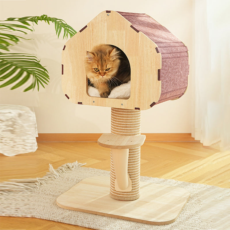 Contemporary Scandinavian Square Medium-Density Fiberboard Sisal Mat Felt Treehouse-Style Cat Tree 2-Tier For Living Room Cuvalon