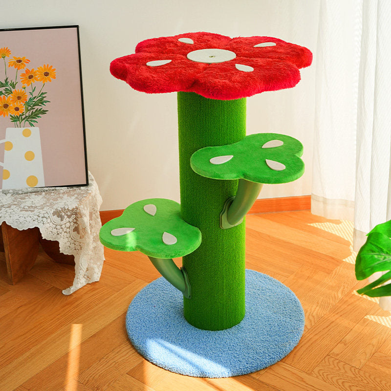 Contemporary Creative Round Medium-Density Fiberboard Velvet Fabric PVC Cactus-Shaped Cat Tree 3-Tier For Living Room Cuvalon