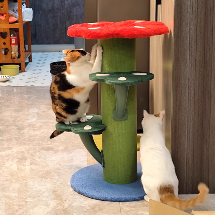 Contemporary Creative Round Medium-Density Fiberboard Velvet Fabric PVC Cactus-Shaped Cat Tree 3-Tier For Living Room Cuvalon