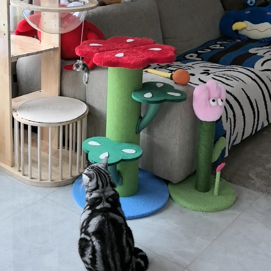 Contemporary Creative Round Medium-Density Fiberboard Velvet Fabric PVC Cactus-Shaped Cat Tree 3-Tier For Living Room Cuvalon