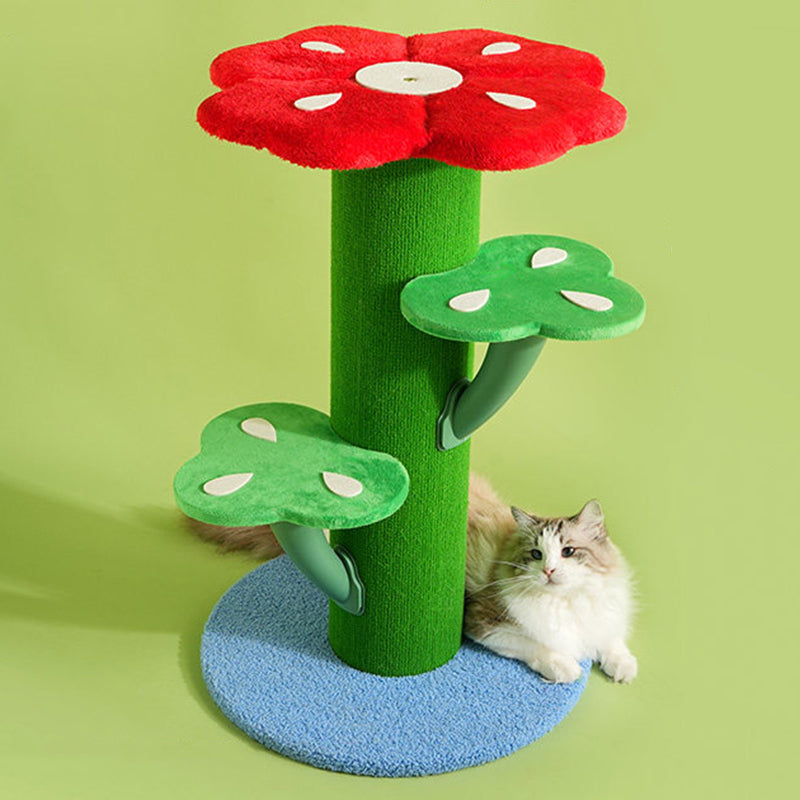 Contemporary Creative Round Medium-Density Fiberboard Velvet Fabric PVC Cactus-Shaped Cat Tree 3-Tier For Living Room Cuvalon