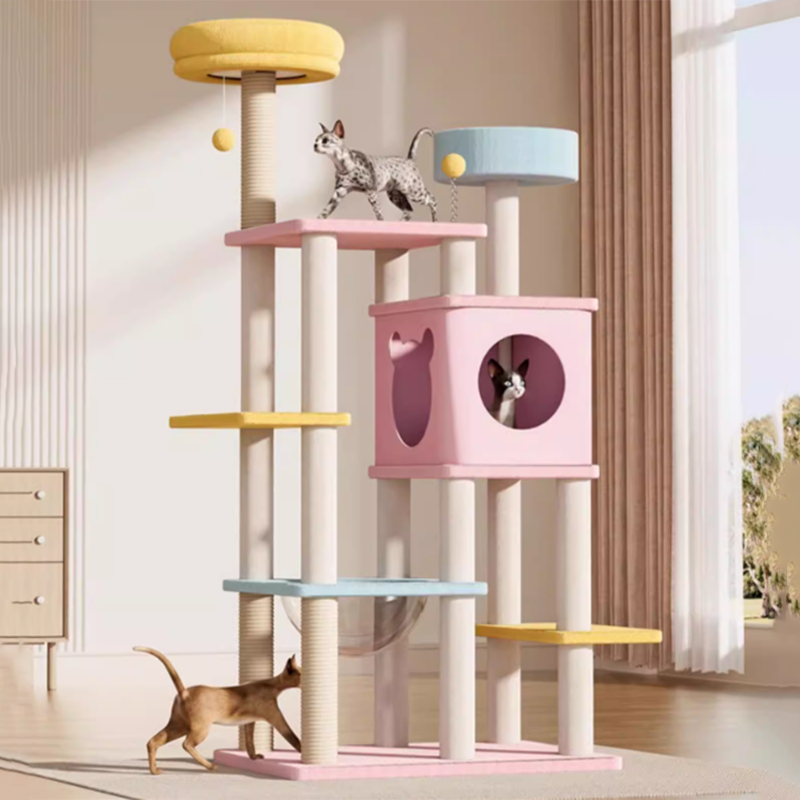 Contemporary Creative Rectangular Medium-Density Fiberboard Velvet Fabric Sisal Acrylic Multi-Functional Cat Tree For Living Room Cuvalon